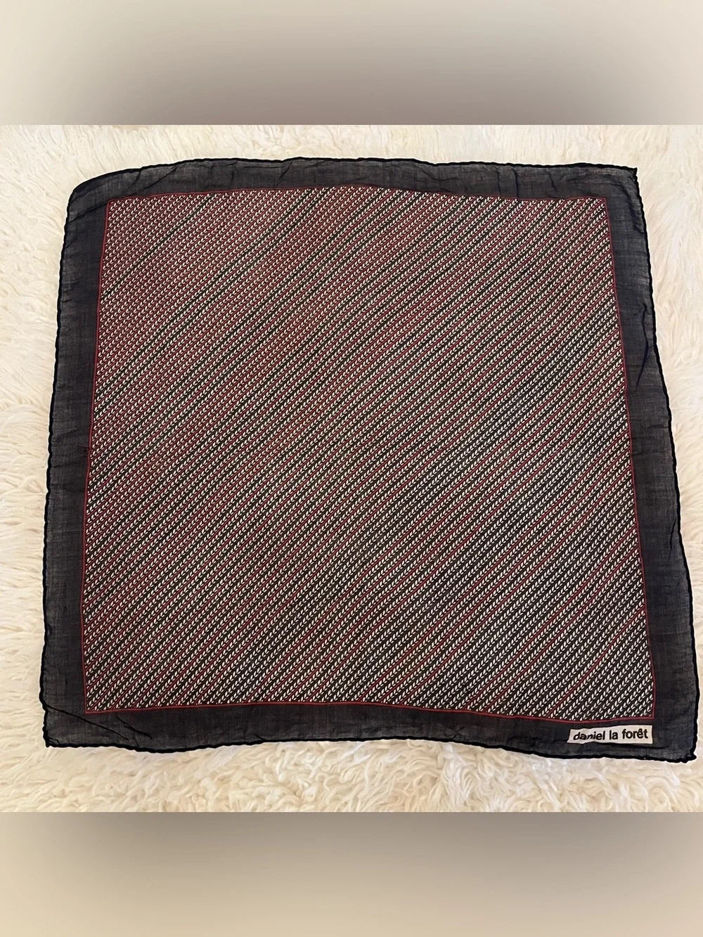 Vintage Paris, Daniel La Forêt Black Patterned Women's Scarf with Red Trim